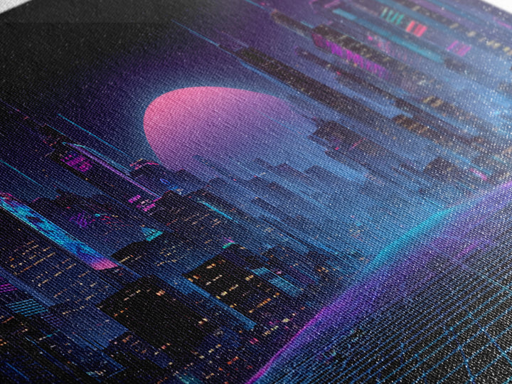 Cyberpunk Futuristic Cityscape Landscape With Neon Lights And Moon Framed Canvas Print For Modern Wall Art And Office Decor