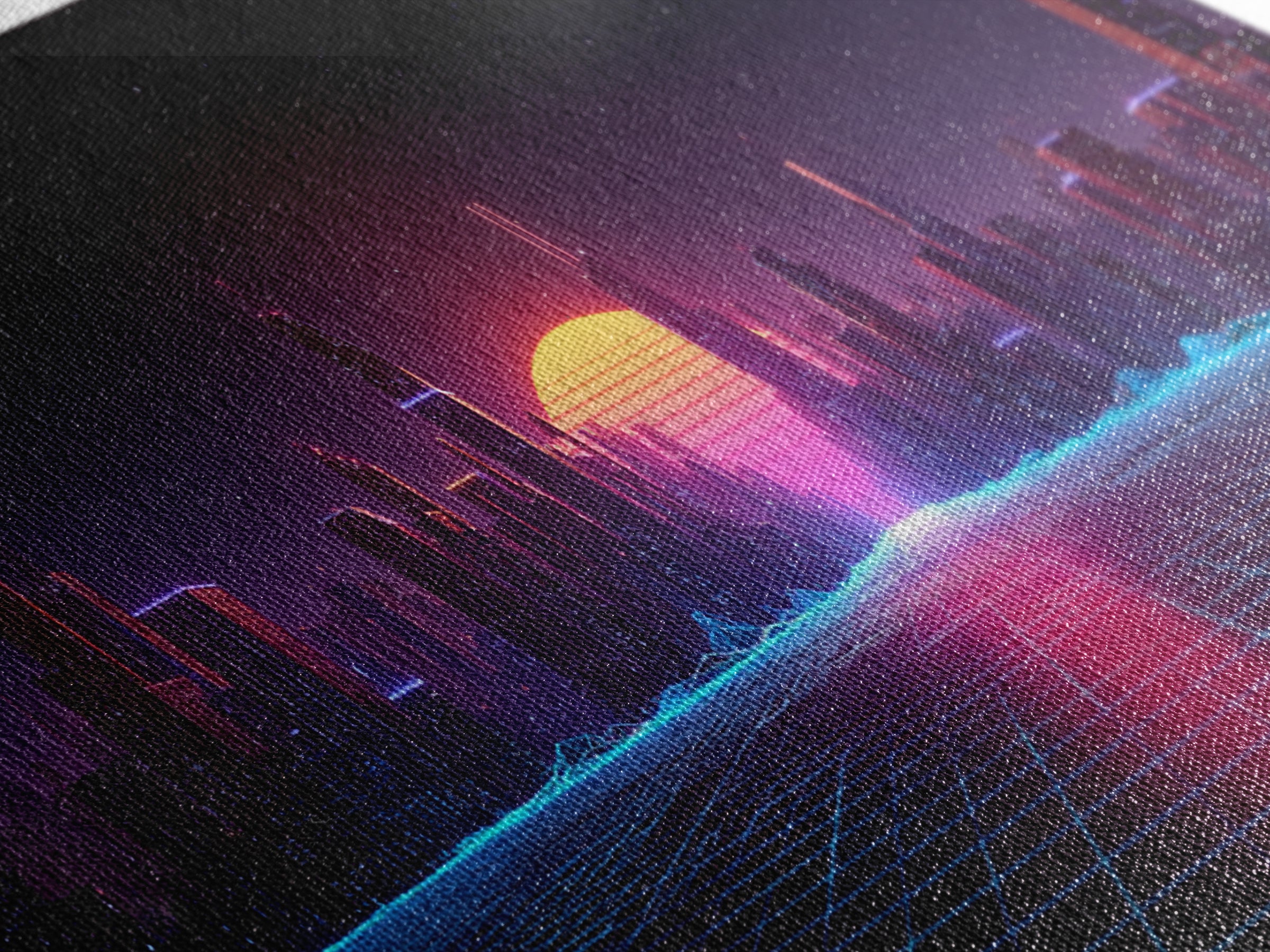 Futuristic Cyberpunk Neon City Digital Artwork With Vibrant Sunset And Grid-Like Road Abstract Sci-Fi Framed Canvas Print For Modern Wall Decor