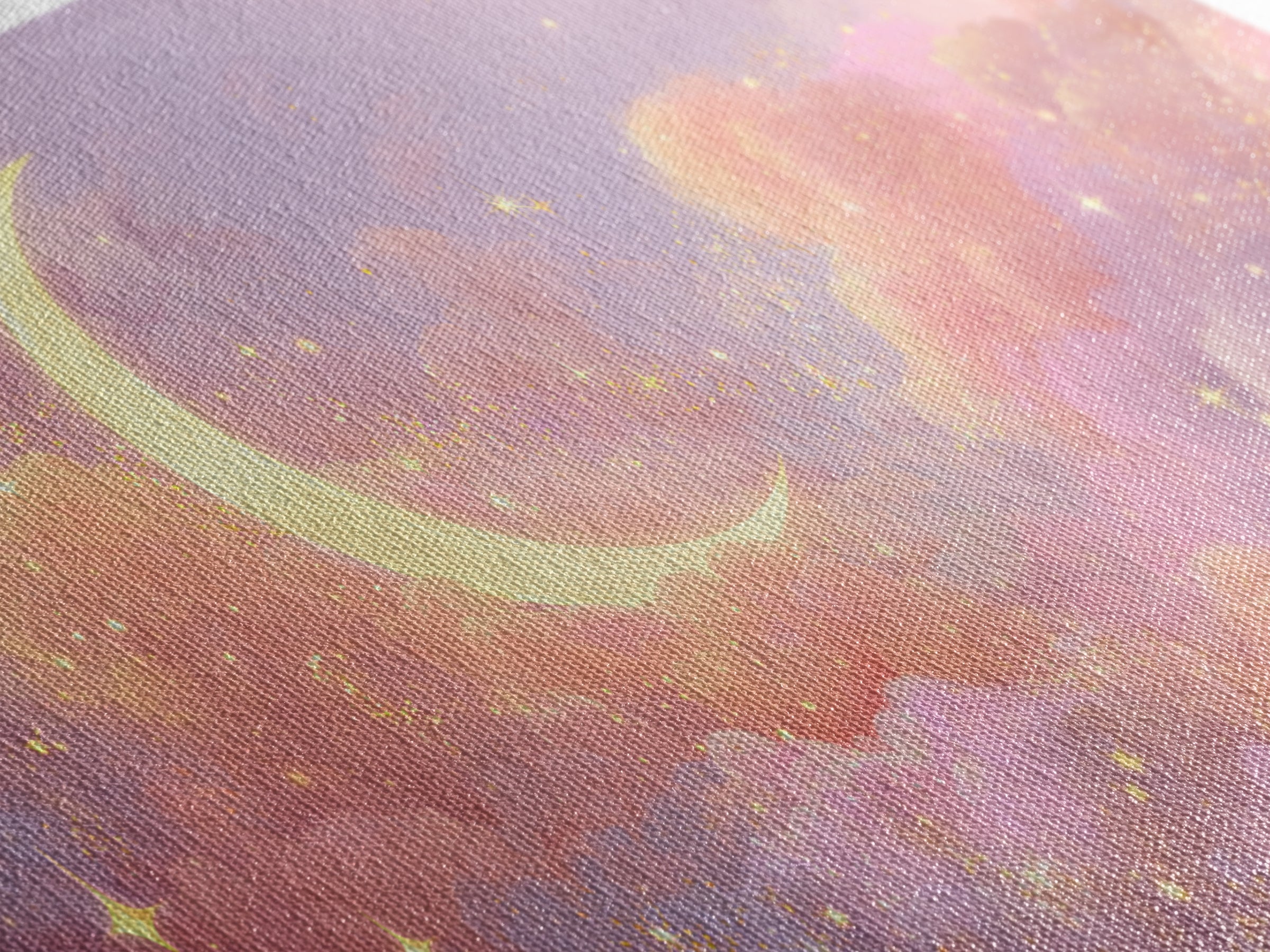 Golden Crescent Moon Clouds Wall Art, Pastel Celestial Decor, Pink Wall Art, Dreamy Nursery Art, Whimsical Decor, Canvas Print