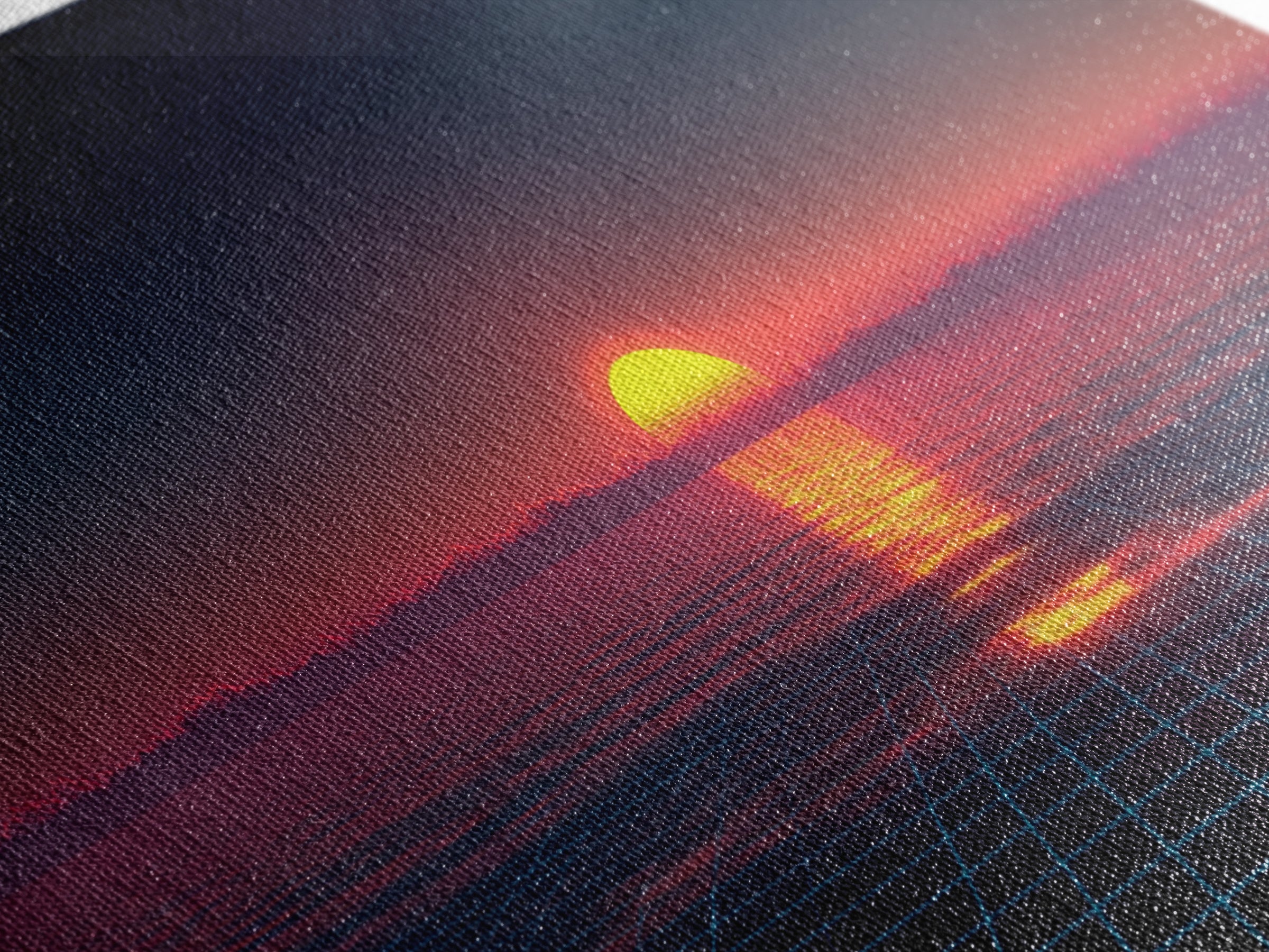 Retro Futuristic Sunset Over Ocean With Neon Grid Horizon Wall Art Modern Digital Canvas Print For Home