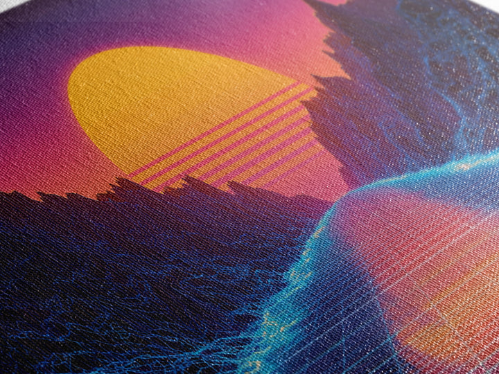 Retro Futuristic Neon Sunset Landscape With Grid Road Abstract Digital Canvas Print Modern Wall Art For Bedroom And Office Decor