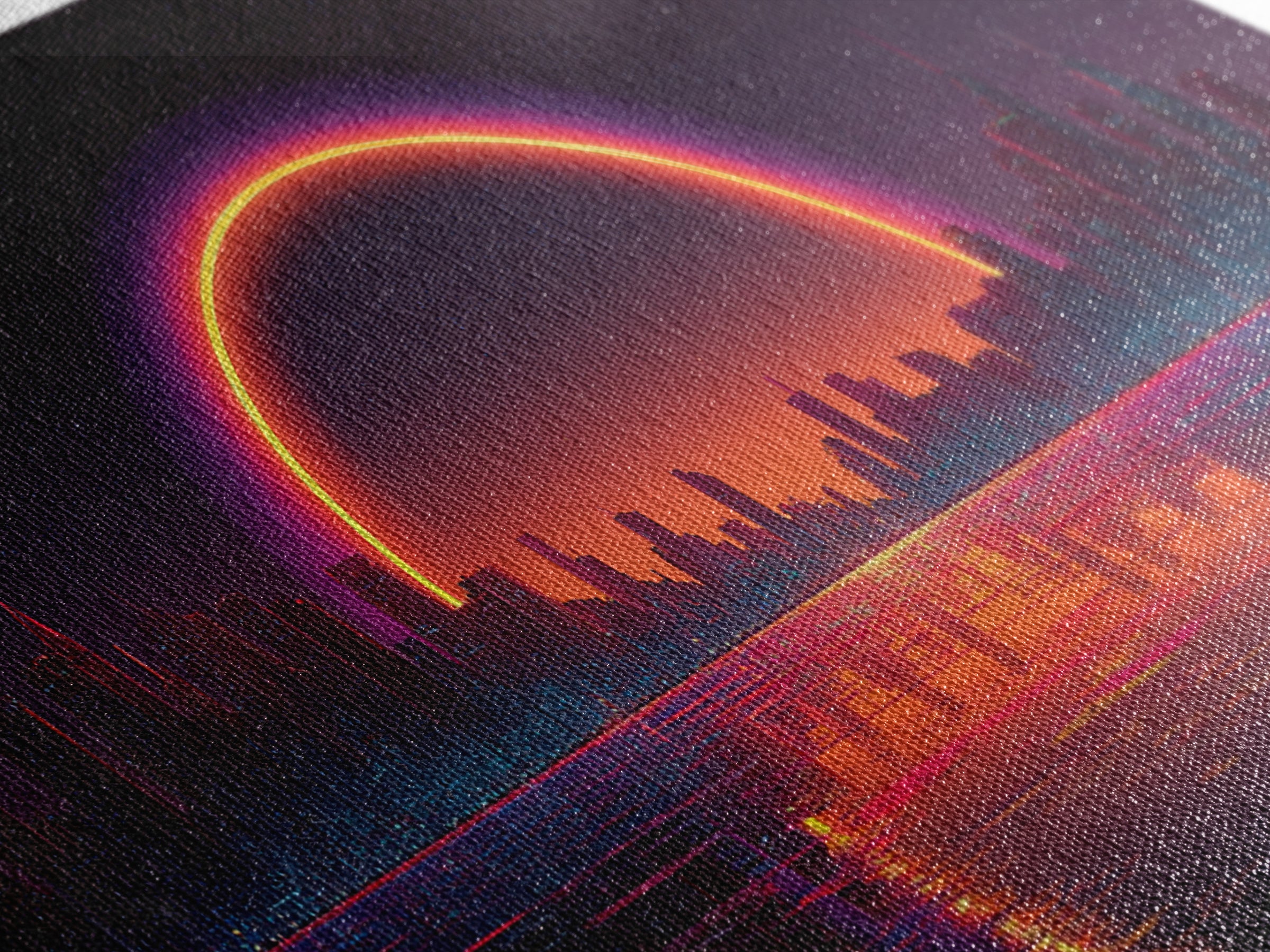 Vibrant Futuristic Cyberpunk Cityscape With Neon Sunset Reflection Wall Art Canvas Print Bright Modern Home Office Decor