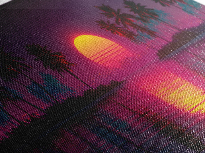 Vibrant Retro Sunset With Palm Trees Coastal Wall Art Framed Canvas Print For Tropical Home Decor
