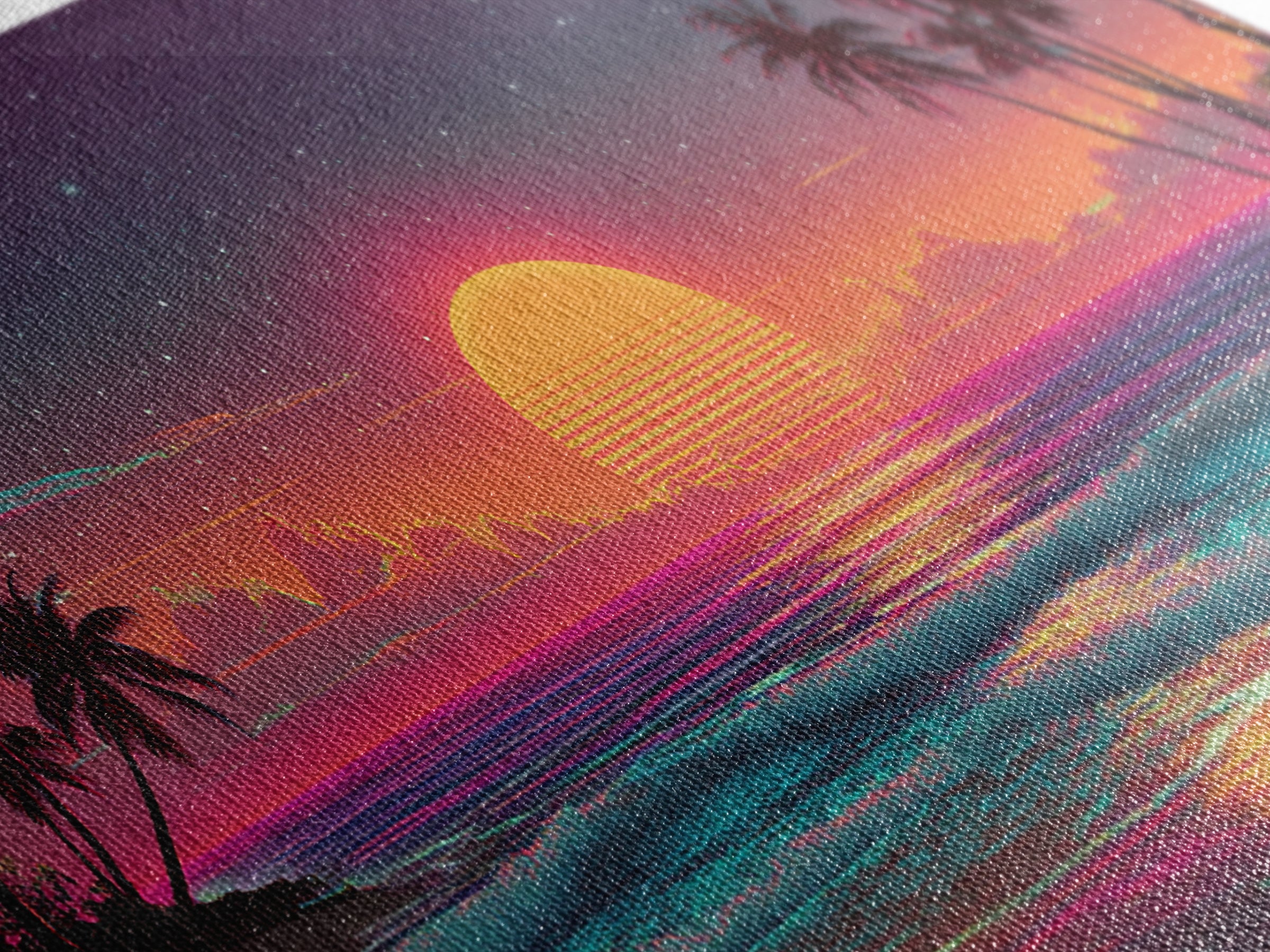 80s Style Digital Sunset Beach Scene With Palm Trees Retro Aesthetic Coastal Wall Art