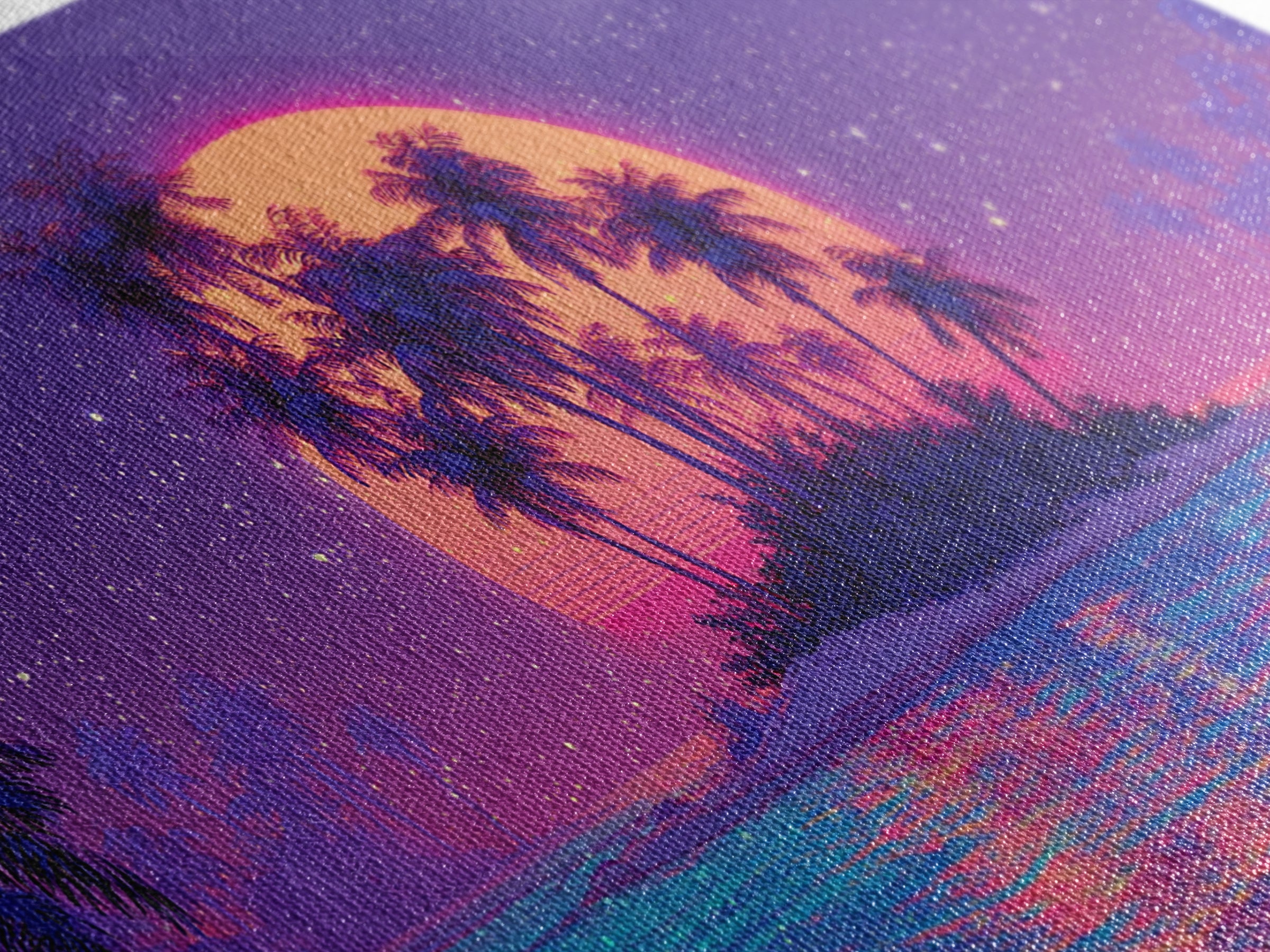 Vibrant Neon Sunset Over Tropical Island With Palm Trees Canvas Print For Modern Wall Art Home Decor