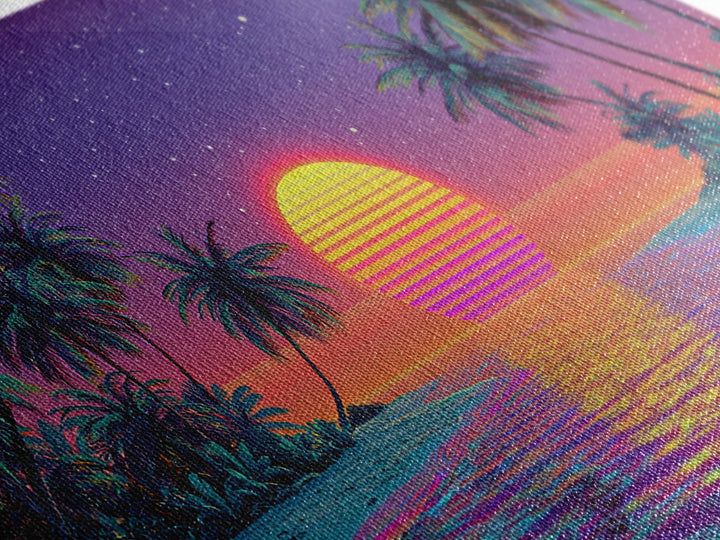 Vibrant Neon Tropical Sunset With Palm Trees And Starry Sky Beach Wall Art Modern Wall Decor Canvas Print