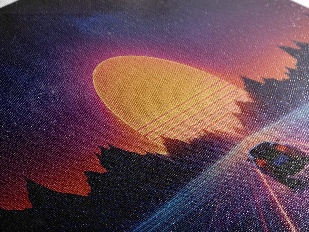 Retro Futuristic 80s Style Neon Sunset With Grid Road And Mountains Vibrant Digital Artwork Ideal For Gaming Room Wall Art And Modern Home Decor Canvas Print