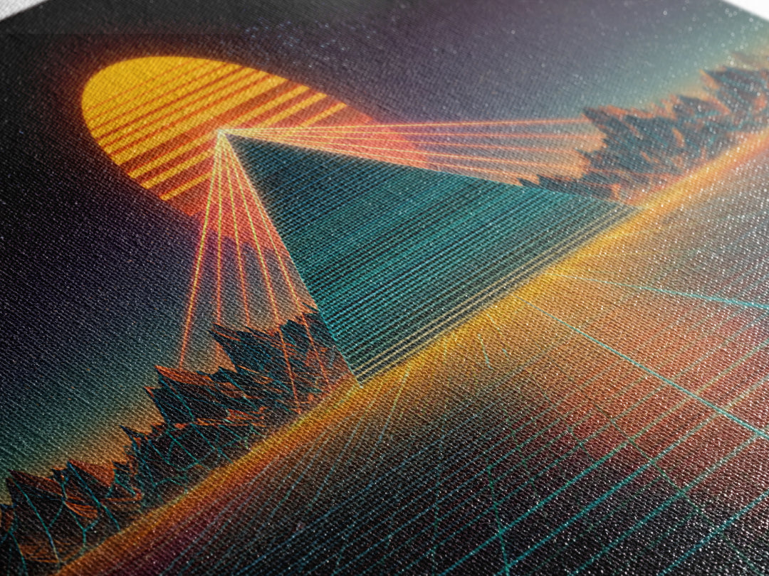 Futuristic Neon Pyramid With Laser Lights At Sunset Digital Artwork, Modern Wall Art Framed Canvas Print For Contemporary Home Decor