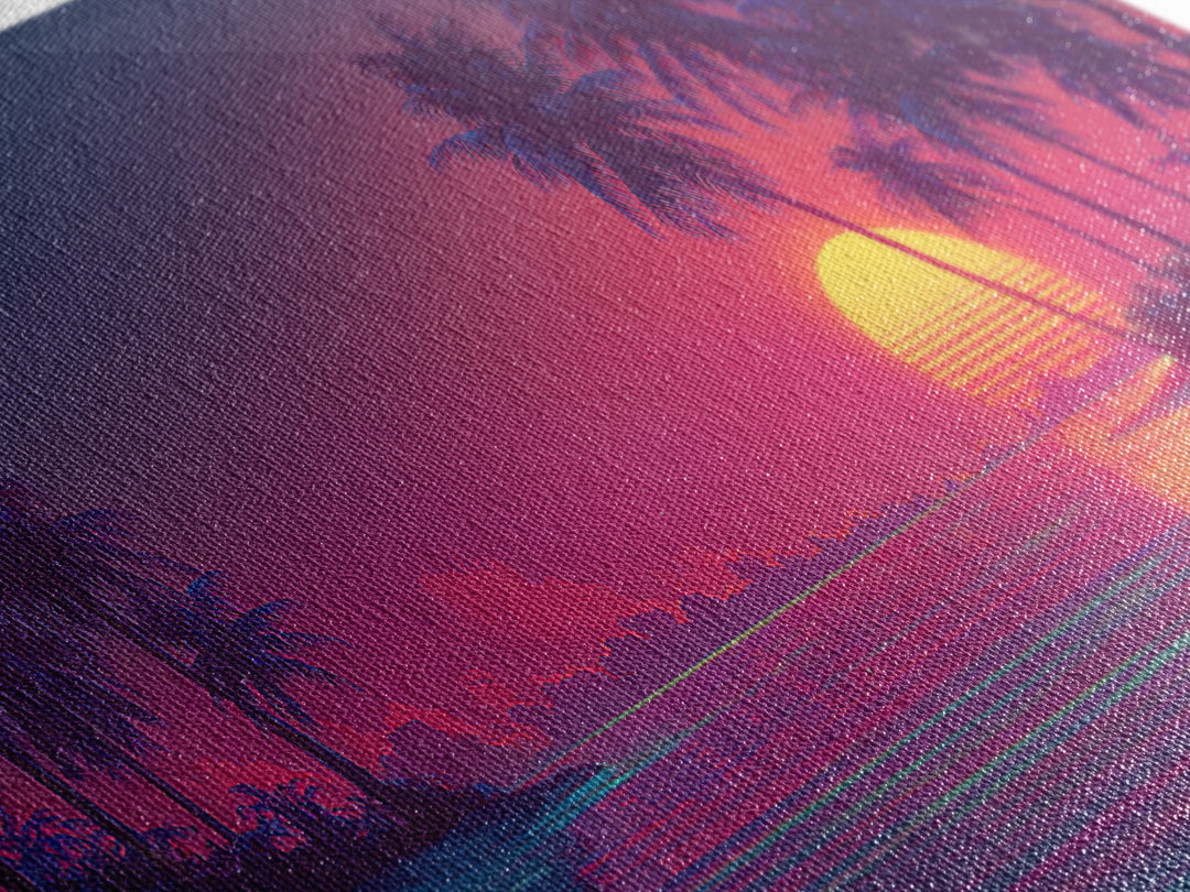 Vibrant Retro Sunset Beach Scene With Palm Trees And Ocean Reflection Wall Art