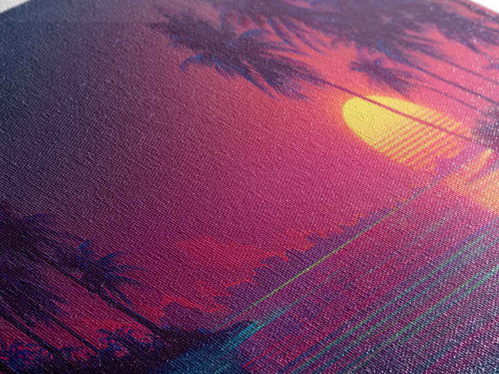 Vibrant Retro Sunset Beach Scene With Palm Trees And Ocean Reflection Wall Art