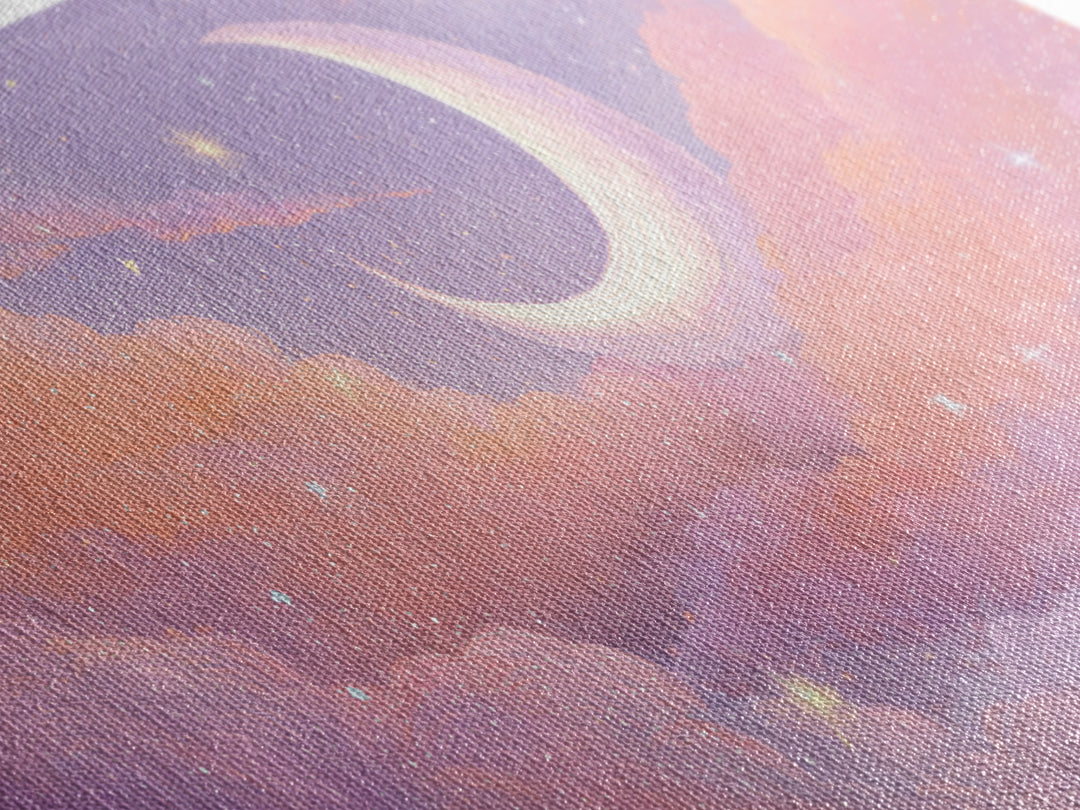 Pastel Crescent Moon In Pink Clouds Wall Art, Celestial Nursery Decor, Dreamy Bedroom Print, Whimsical Starry Sky, Aesthetic Room Decor