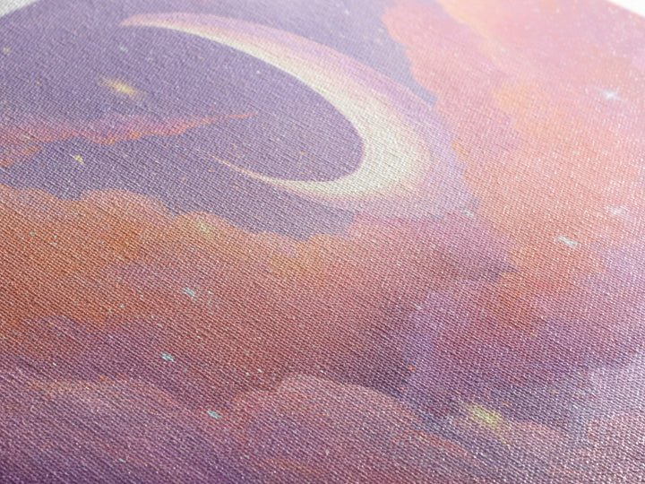 Pastel Crescent Moon In Pink Clouds Wall Art, Celestial Nursery Decor, Dreamy Bedroom Print, Whimsical Starry Sky, Aesthetic Room Decor