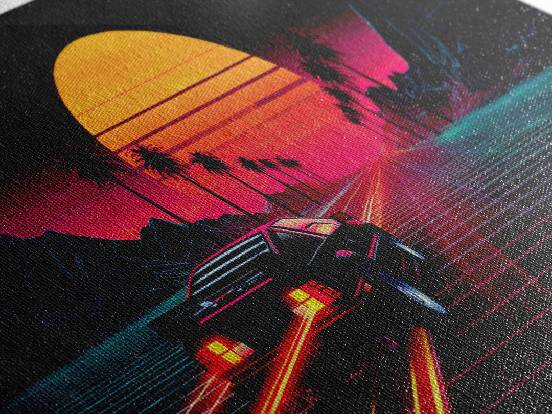 Retro Futuristic Sunset With Sportscar And Palm Trees Neon Vibes Canvas Print For Gaming Room Or Office Decor