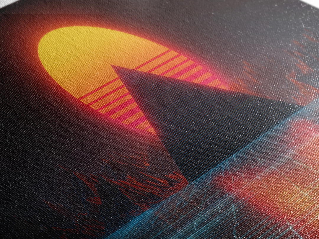 Retro Futuristic Neon Pyramid Sunset Sci Fi Digital Artwork Wall Art For Modern Home Office Decor Framed Canvas Print