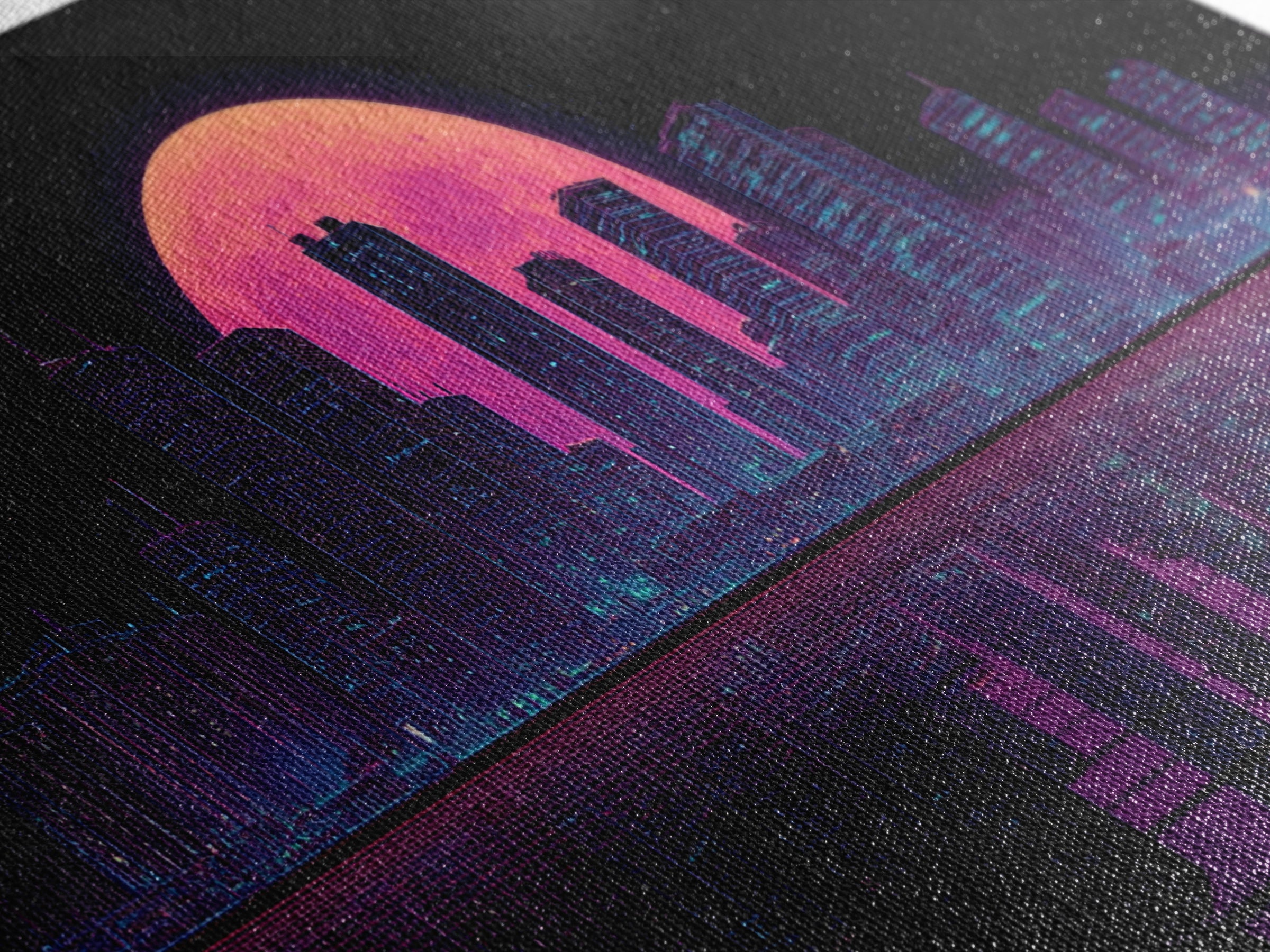 Futuristic Neon Cityscape Night Skyline With Pink Full Moon Canvas Print Urban Wall Art Print Decor