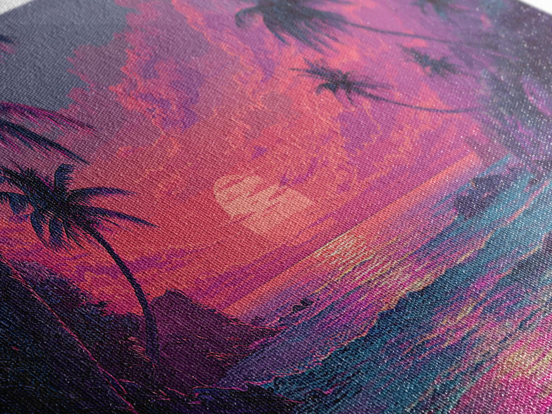 Tropical Pink Sunset Over Quiet Beach With Palm Trees Vibrant Coastal Wall Art Canvas Print For Modern Home Decor