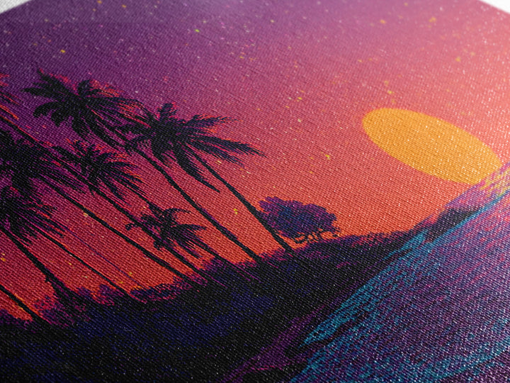Pixel Art Vibrant Tropical Sunset Beach Scene With Palm Trees Retro Style Wall Art Framed Canvas Print For Coastal Decor