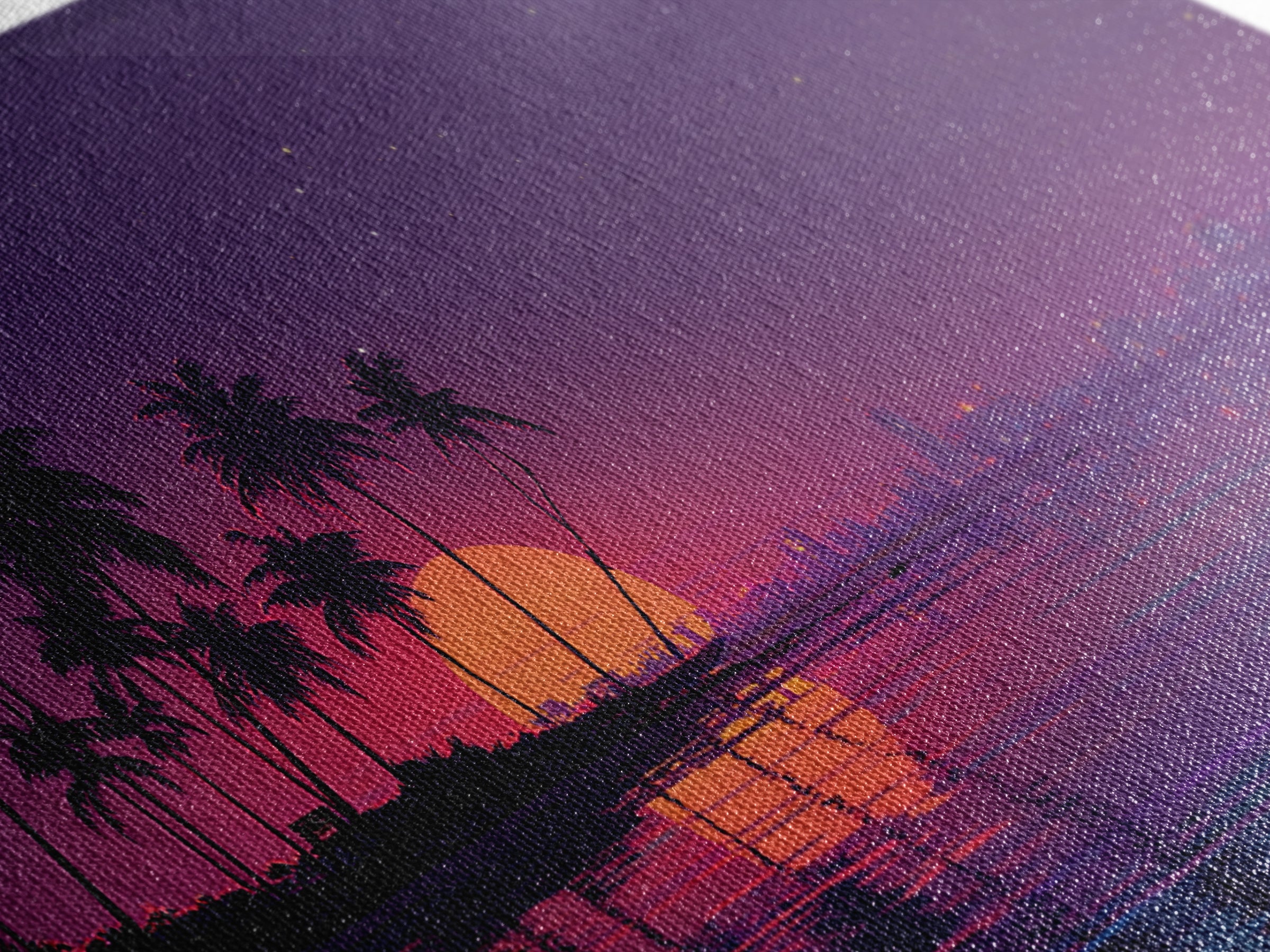 Digital Retro Sunset Beach Scene With Palm Trees Silhouettes Vibrant Coastal Wall Art Modern Wall Art Canvas Print
