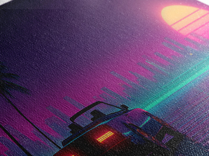 Retro Futuristic Cityscape With Classic Car Neon Colors Digital Art Canvas Print For Living Room Wall Art