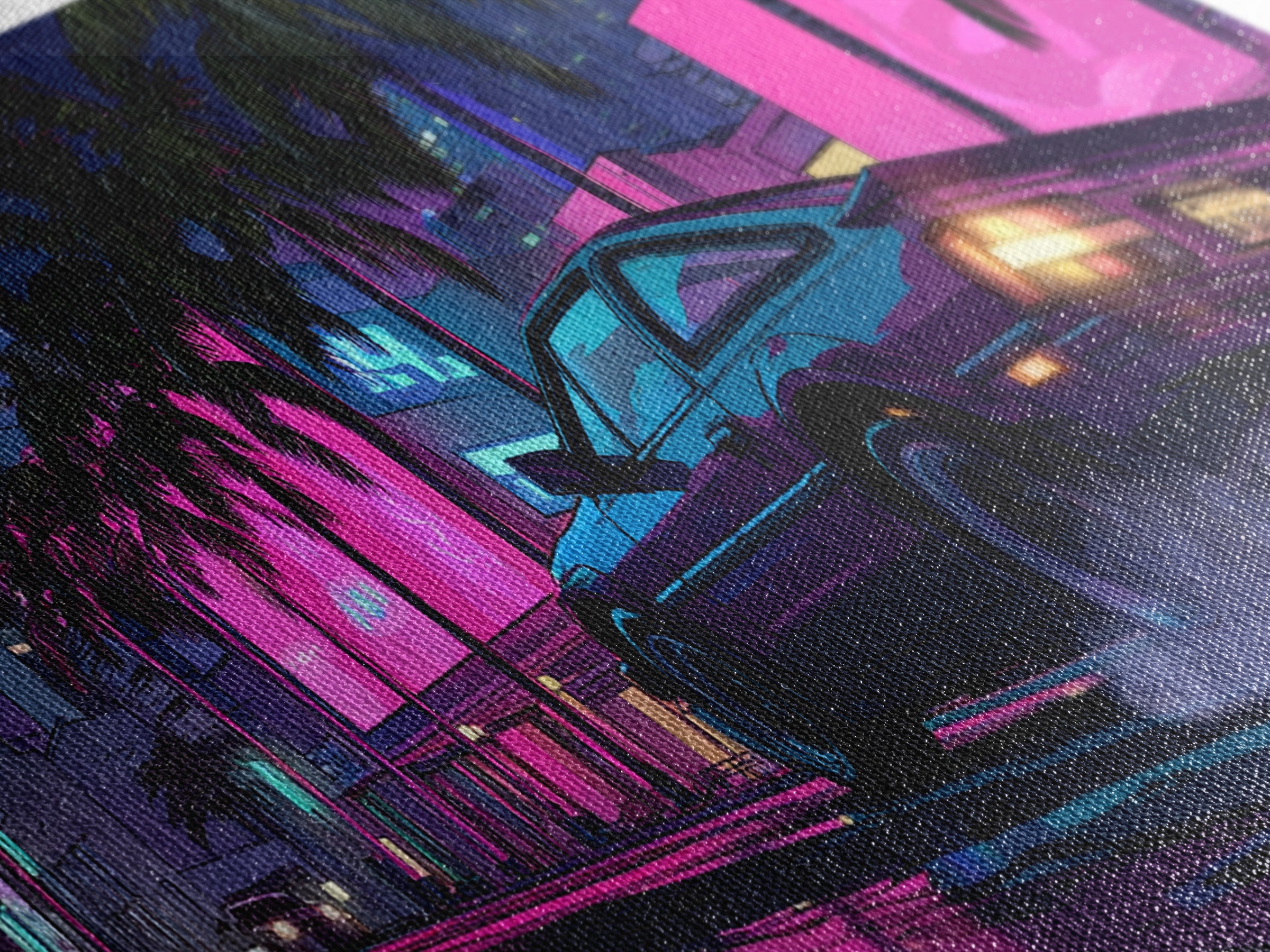 Retro Futurism DeLorean Car In Neon Cityscape Night Urban Wall Art Modern Canvas Print For Office Decor