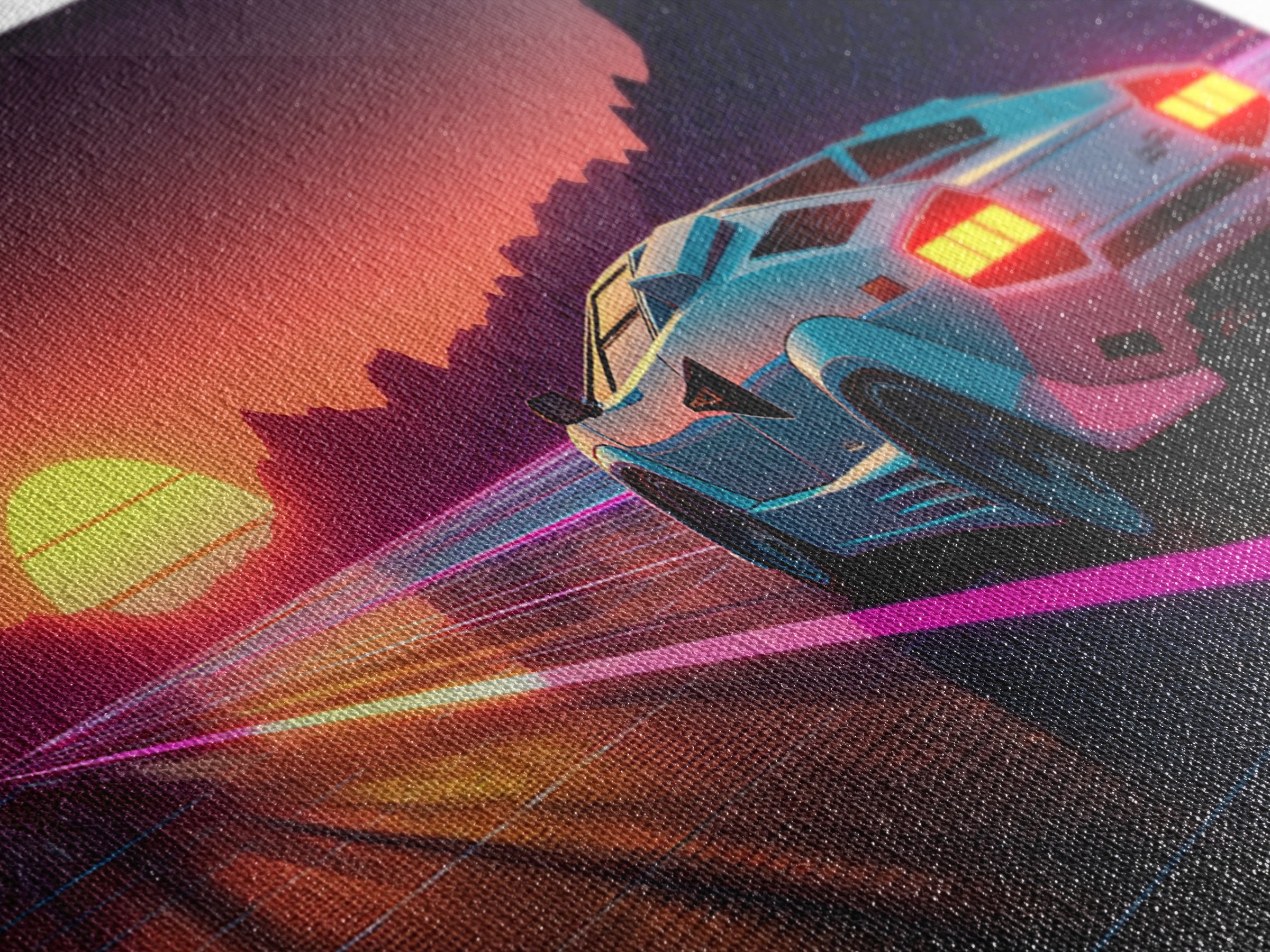 Retro Futuristic Sunset With Sports Car Driving Down Neon Highway Wall Art Print Modern Home Decor Canvas