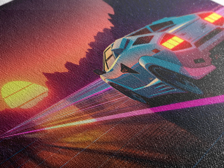 Retro Futuristic Sunset With Sports Car Driving Down Neon Highway Wall Art Print Modern Home Decor Canvas