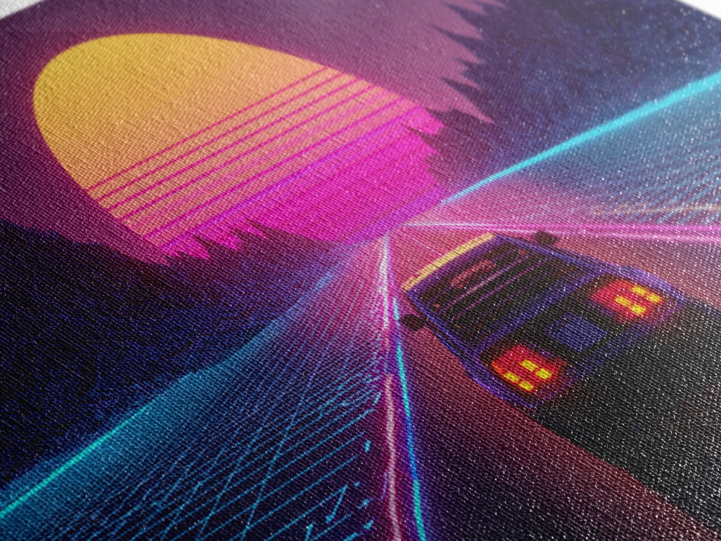 Retro Futuristic DeLorean Car Driving Toward Neon Digital Sun Synthwave Landscape Canvas Print Modern Wall Art For Office Decor