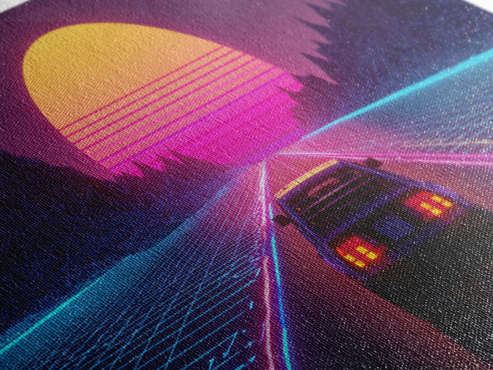 Retro Futuristic DeLorean Car Driving Toward Neon Digital Sun Synthwave Landscape Canvas Print Modern Wall Art For Office Decor