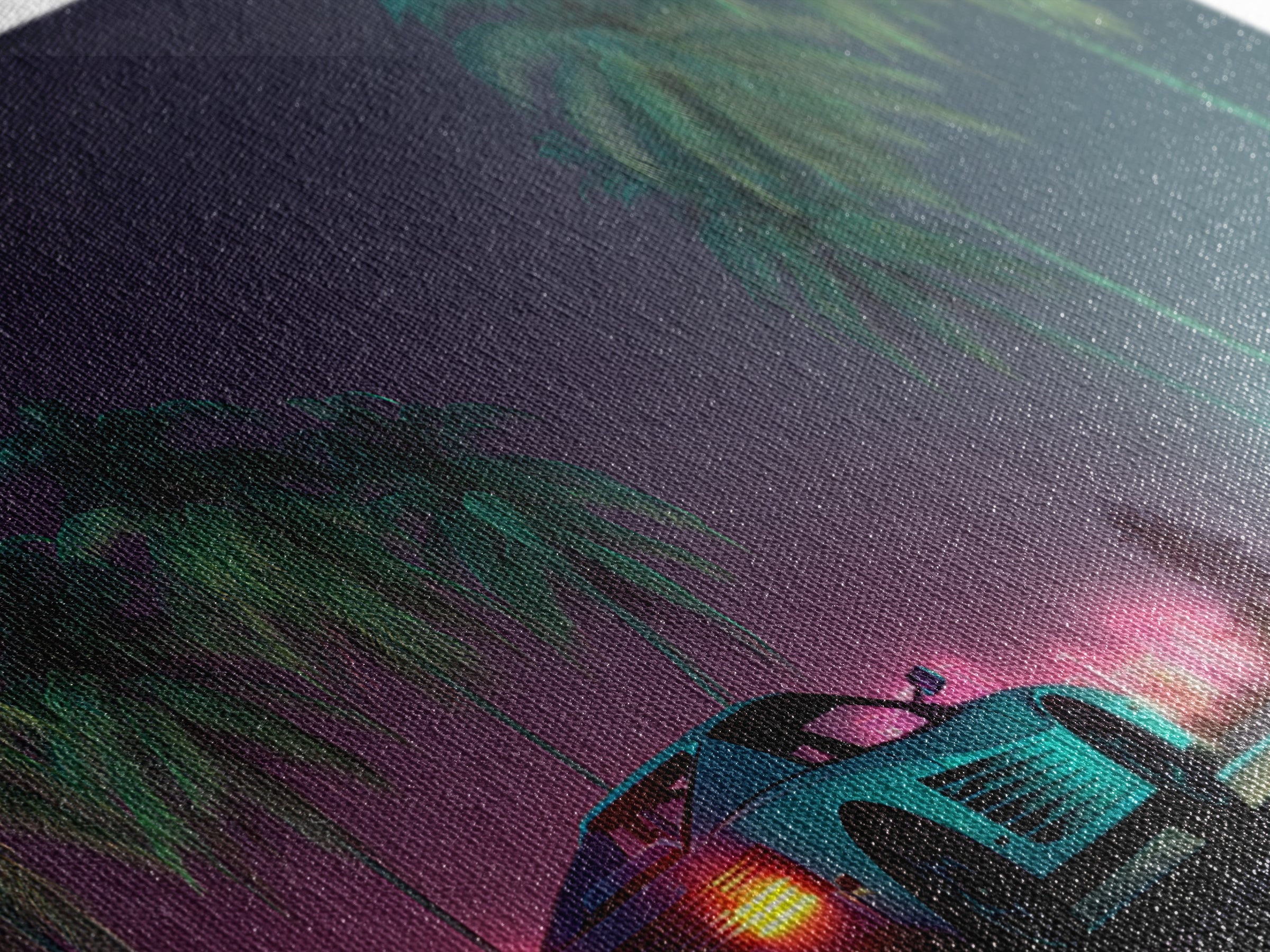Retro Futuristic Car Neon Night Scene With Palm Trees And City Lights Canvas Print Modern Wall Art For Living Room Decor