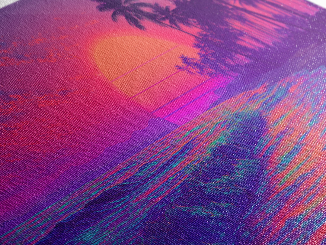 Vibrant Neon Sunset Beach Scene Wall Art With Palm Trees And Pink Purple Sky Canvas Print For Tropical Home Decor