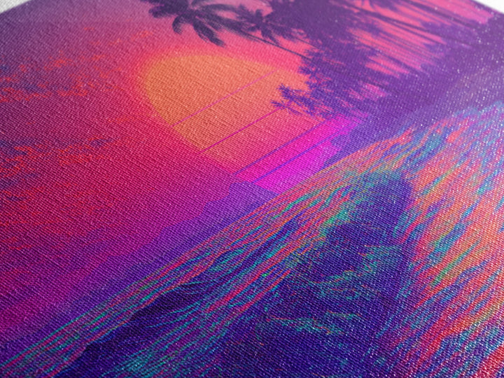 Vibrant Neon Sunset Beach Scene Wall Art With Palm Trees And Pink Purple Sky Canvas Print For Tropical Home Decor