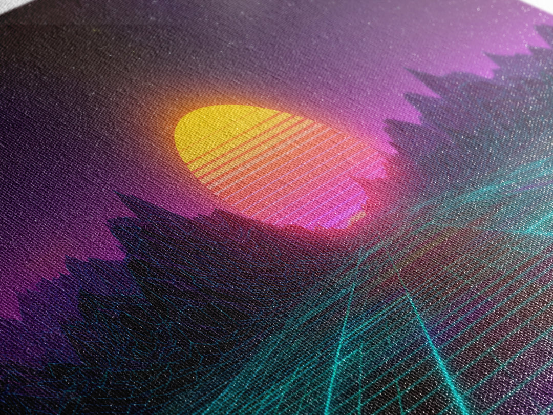 Retro Futuristic Neon Sunrise Over Wireframe Mountain Landscape Digital Artwork Canvas Print Wall Art for Modern Room Decor
