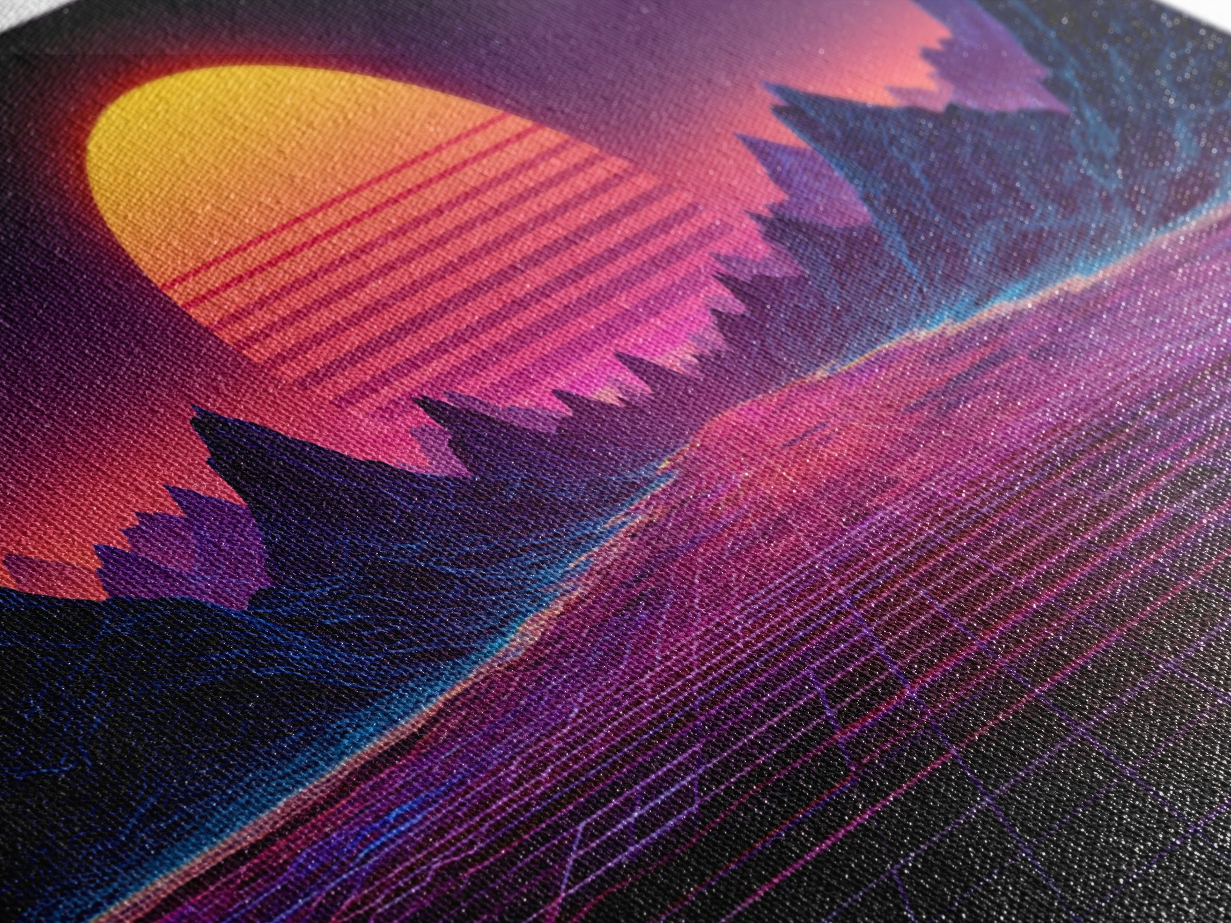 Retro Futuristic Synthwave Landscape With Neon Sun Canvas Print Wall Art For Modern Aesthetic Decor