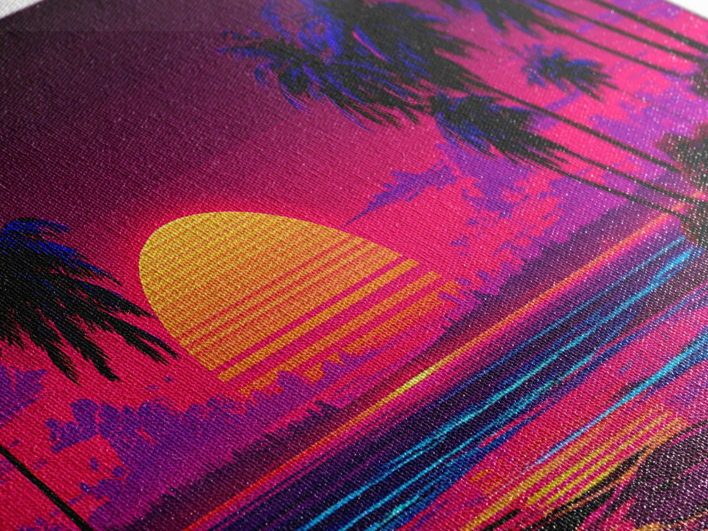 80s Retro Sunset Over Tropical Beach With Palm Trees Vibrant Neon Colors Canvas Print Framed Wall Art Large Wall Art For Living Room