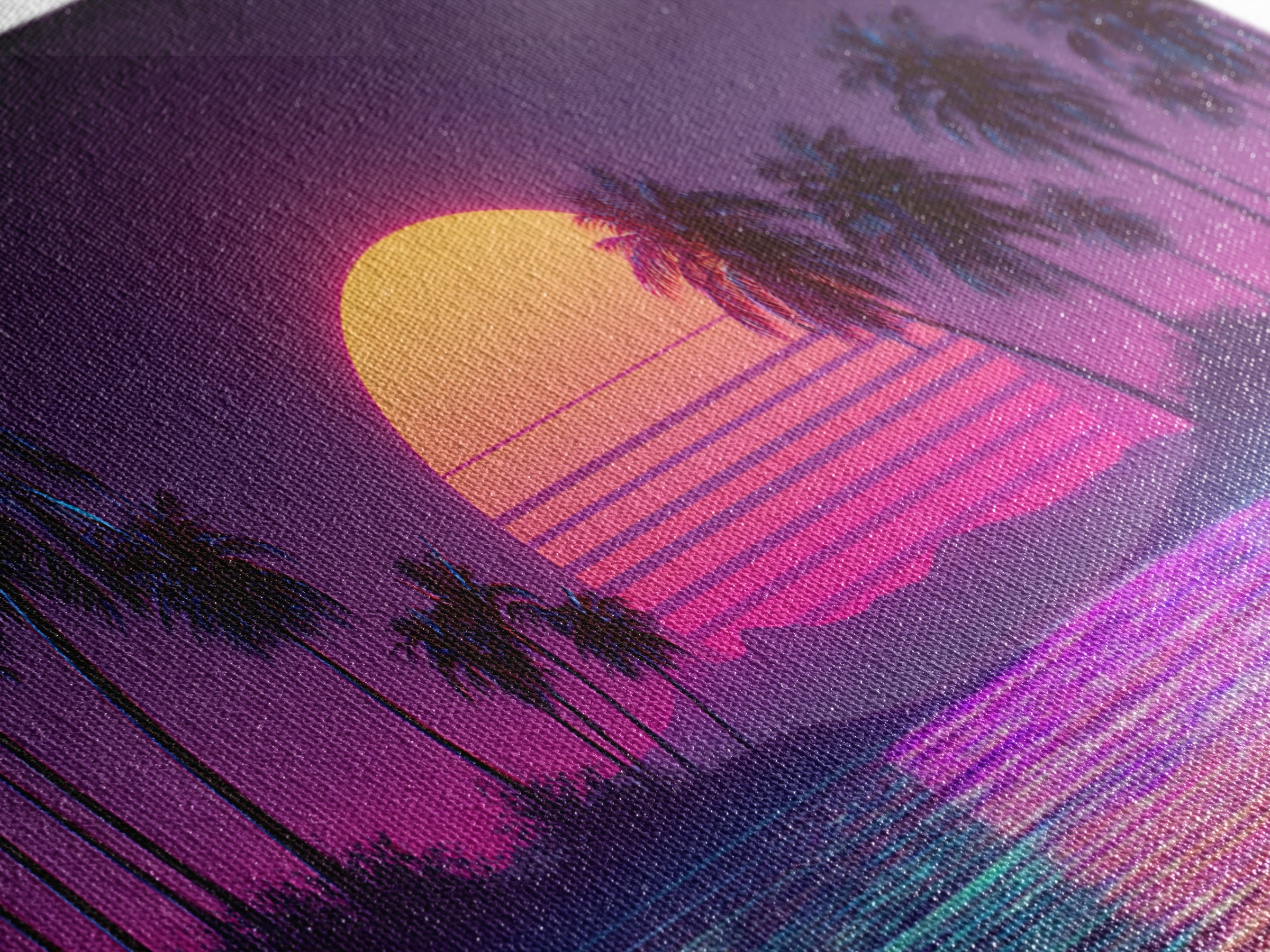 Retro Sunset Beach Scene With Palm Trees And Reflective Water Canvas Print Vibrant Coastal Wall Art
