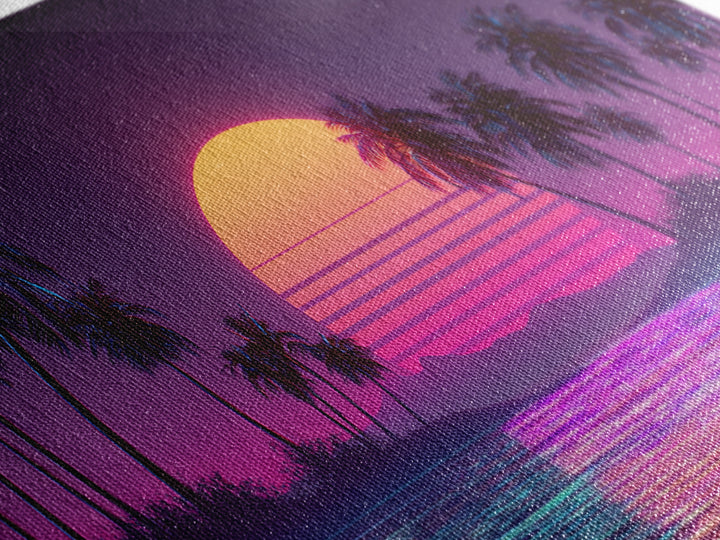 Retro Sunset Beach Scene With Palm Trees And Reflective Water Canvas Print Vibrant Coastal Wall Art