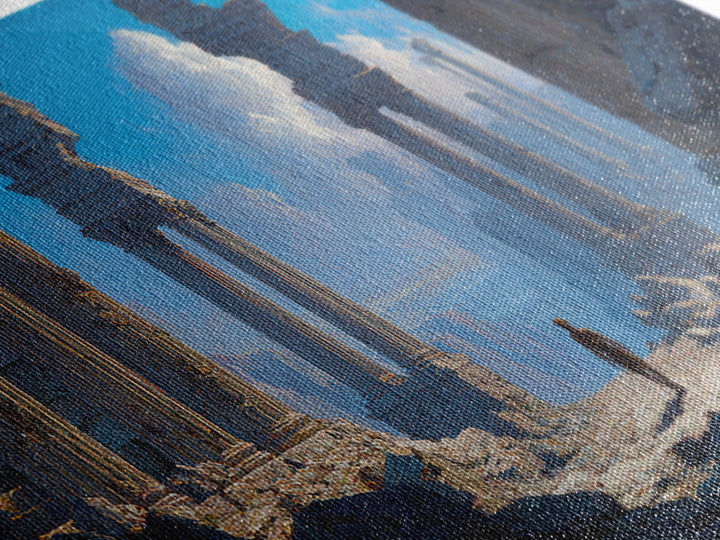 Ancient Ruins With Lone Wanderer Wall Art, Fantasy Landscape Print, Epic Temple Decor, Blue Adventure Canvas, For Living Room Decor