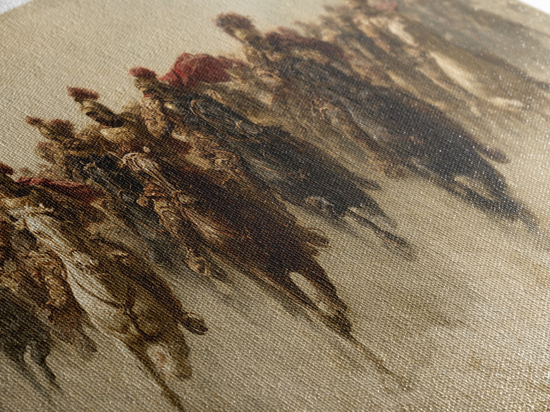 Charging Cavalry Across Dusty Plains Canvas Print, Equestrian Battle Wall Art, Western Horse Decor, Statement Living Room Art