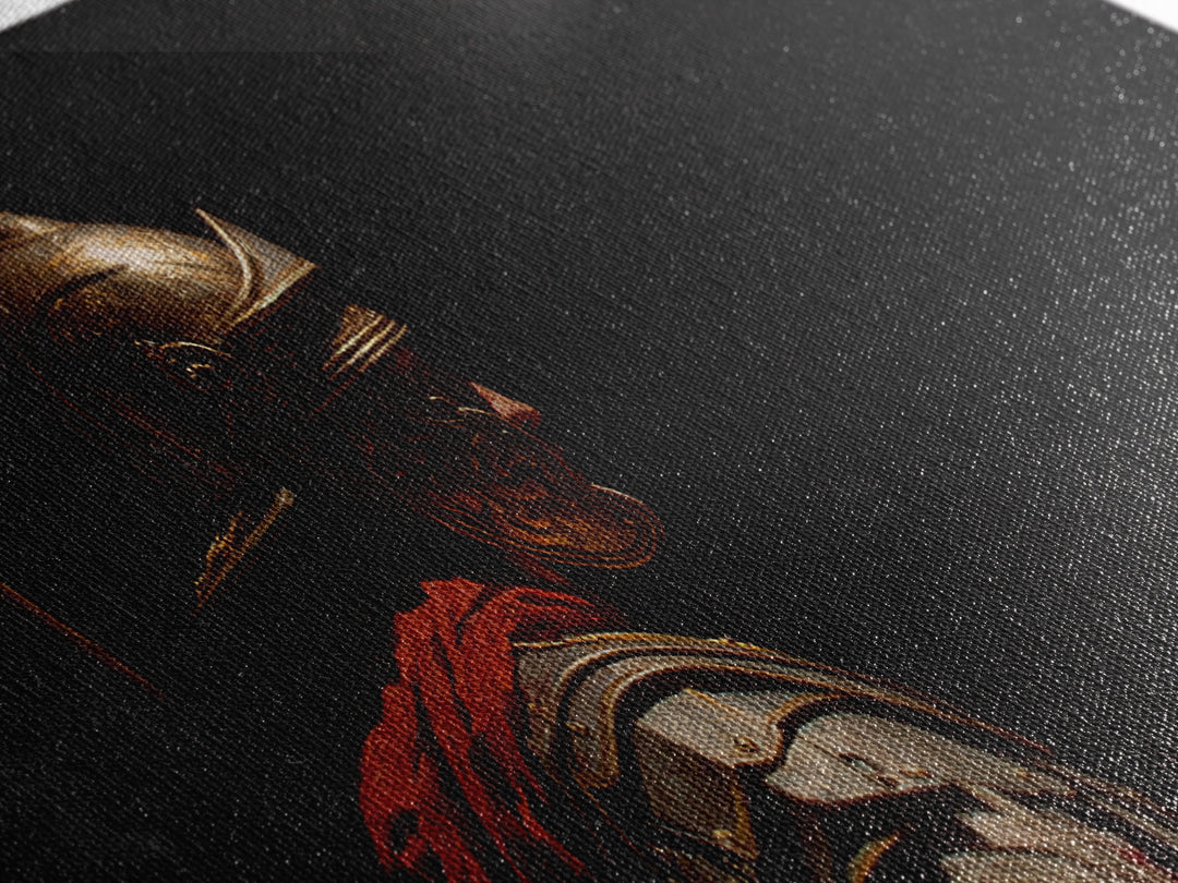 Roman Legion Helmet In Dramatic Shadow Wall Art, Classical Warrior Canvas, Dark Academia Decor, Masculine Office Art Print