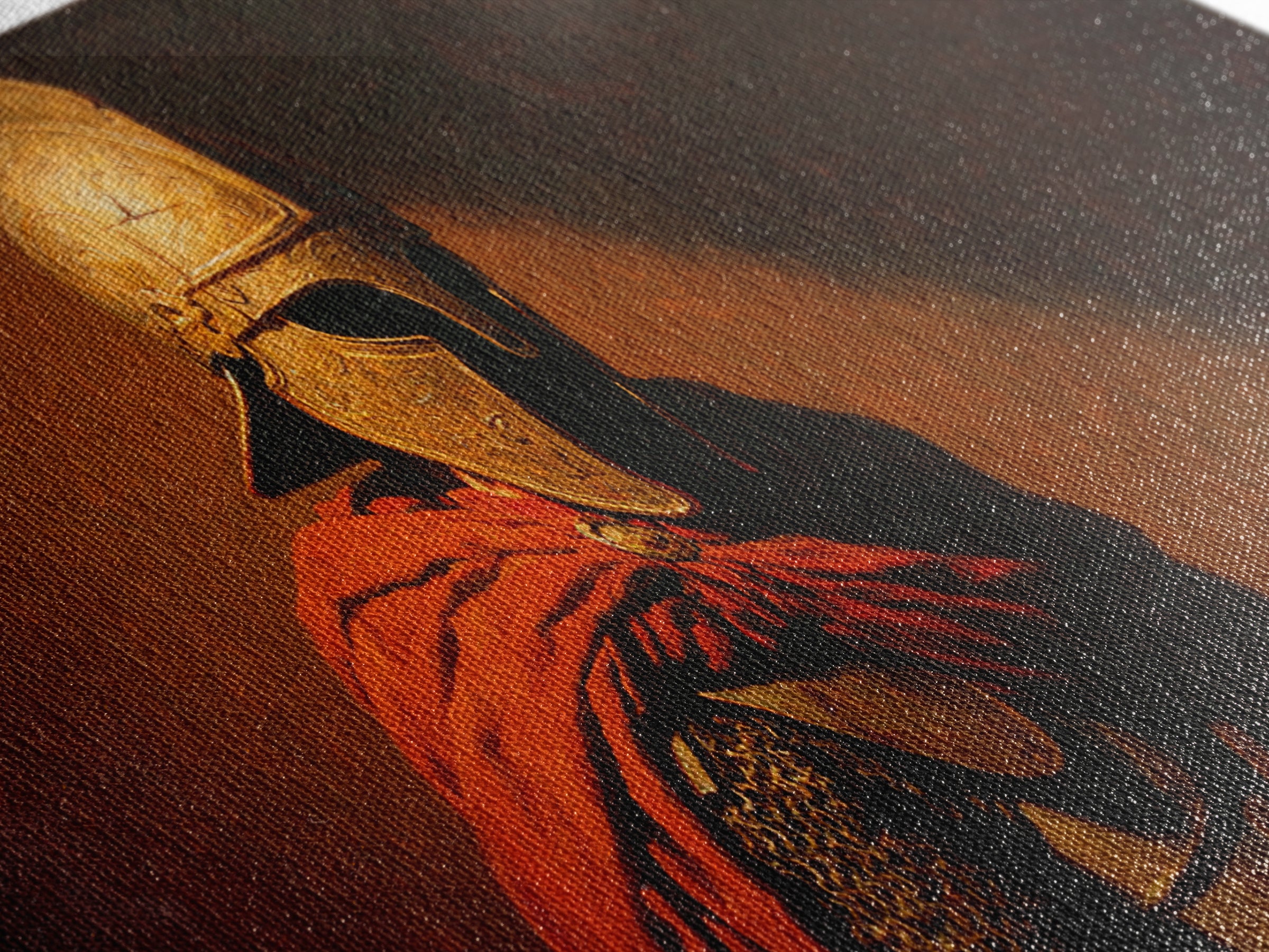 Ancient Helmeted Warrior In Red Cloak Canvas Print, Spartan Wall Art, Dark Academia Decor, Masculine Office Gift For Him