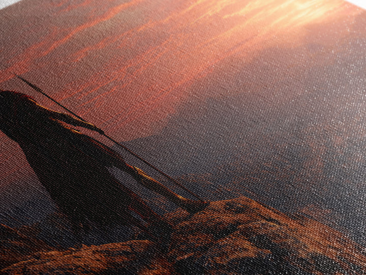 Epic Ancient Warrior Standing On Cliff Overlooking Valley Sunset Landscape Wall Art Modern Digital Painting Canvas Print For Office Decor