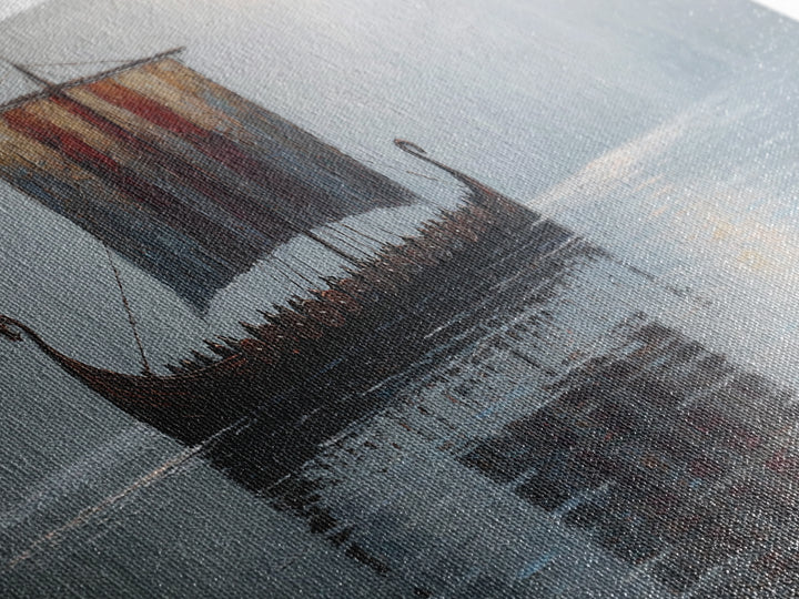 Viking Longship In Misty Water Canvas Print, Nautical Wall Art, Norse Seascape Painting, Coastal Decor For Living Room Art