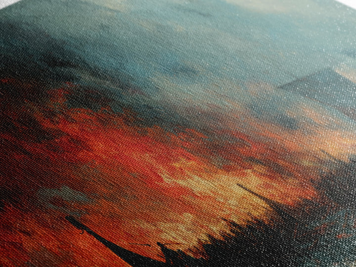 Burning Viking Ships At Stormy Sea Wall Art, Dramatic Norse Seascape Canvas Decor, Historical Ocean Art For Man Cave Decor