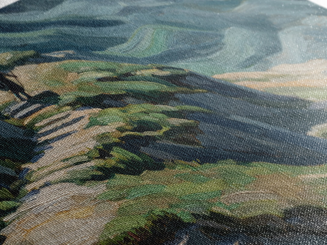 Rider On Mountain Path In Textured Hills Wall Art, Impressionist Landscape Canvas Print, Rustic Nature Decor, Home Decor