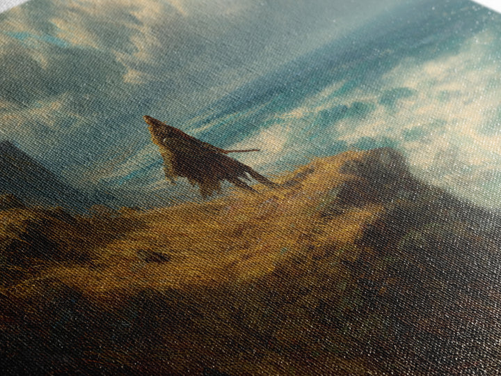 Cloaked Warrior On Ocean Cliff Wall Art, Moody Seascape Canvas Print, Fantasy Coastal Decor For Office Or Living Room Art