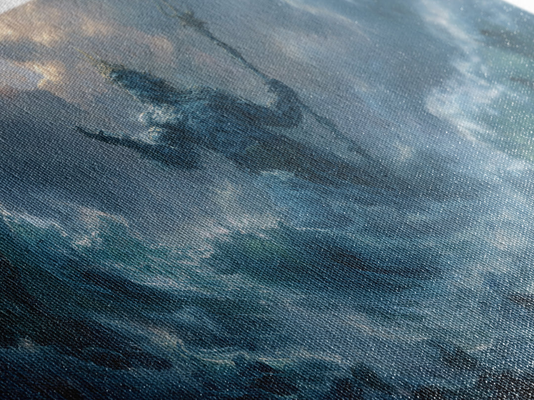 Majestic Mythical Ocean God Painting Wall Art Canvas Print For Coastal Rustic Home Decor And Living Room