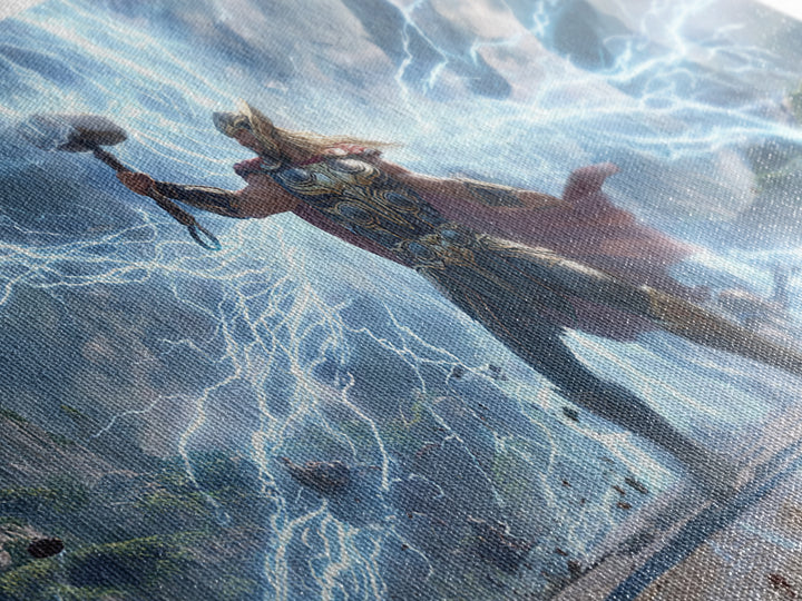 Epic Fantasy Artwork Of Thunder God Wielding Hammer Lightning Storm Detailed Surreal Wall Art Canvas Print