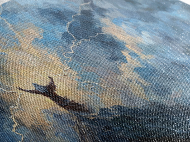 Storm Figure On Mountain Peak Canvas Print Lightning Sky Wall Art, Mythological Fantasy Landscape For Dramatic Home Decor