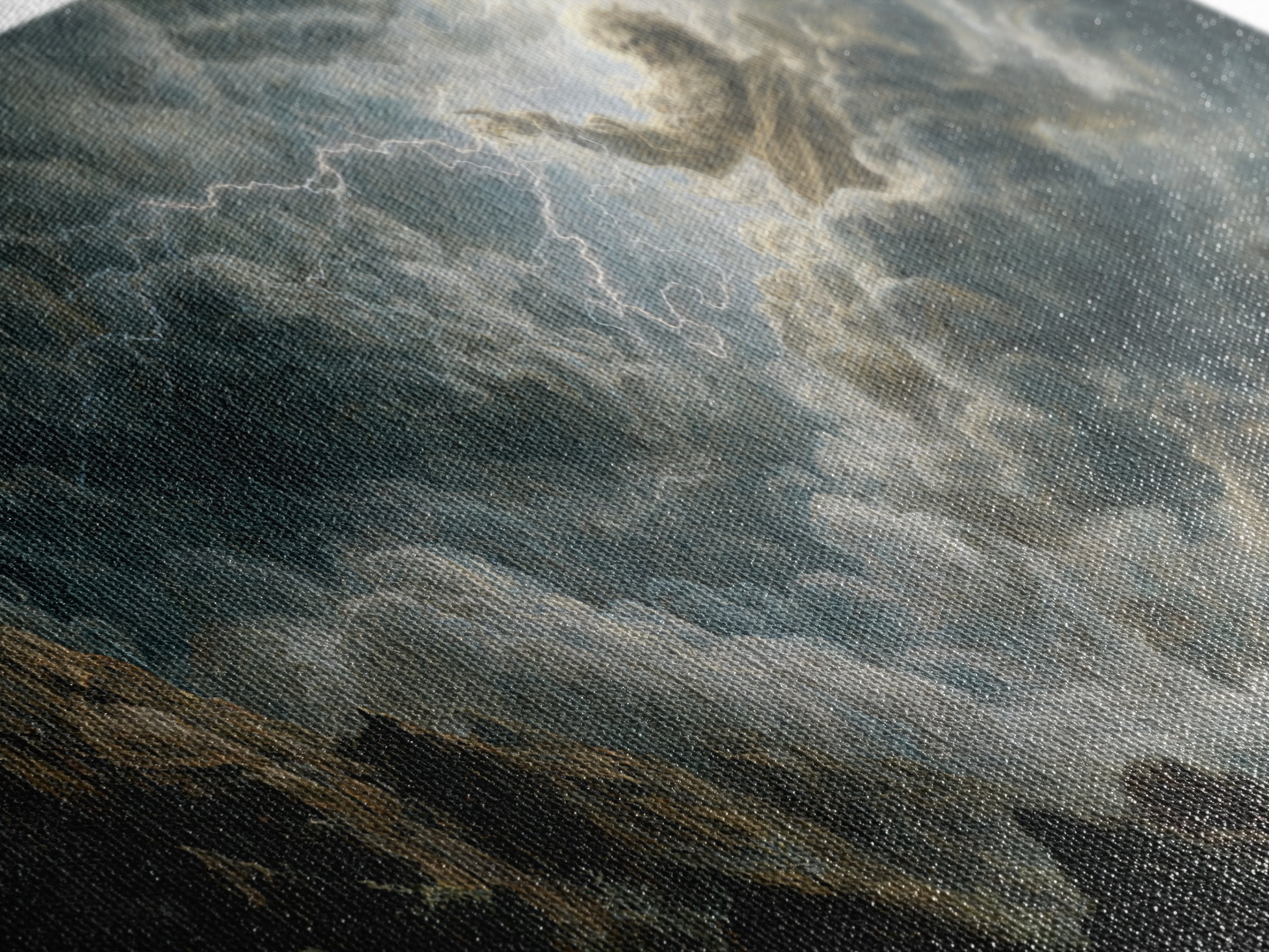 Stormy Divine Figure In Lightning Clouds Wall Art, Dramatic Mythological Canvas Print For Moody Gothic Home Decor And Fantasy Art