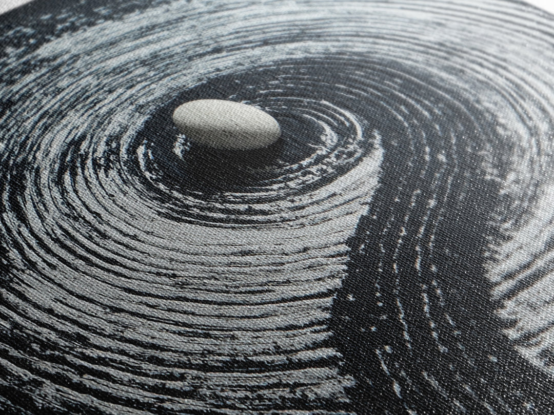 Zen Garden White Stone With Spiral Raked Sand Minimalist Black And White Wall Art Canvas Print
